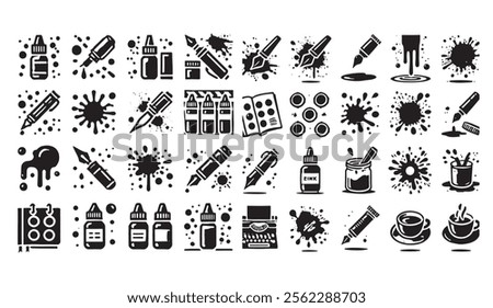 Creative ink and art supplies icon set featuring pens, brushes, splatters, and tools in black ink style, ideal for art, design, and creative projects