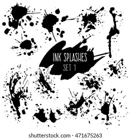 Creative ink splashes set. Expressive blots and sprays isolated on white background.