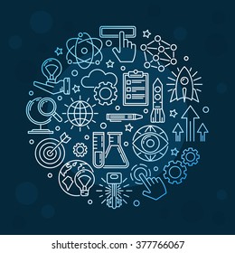 Creative innovation background - vector dark blue round symbol or inspiring sign made with thin line icons 