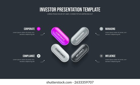 Creative Innovation Four Element Diagram Slide Layout. Visual Visualization 4 Option Infographic Slideshow Design. Modern Report Presentation Template Vector Illustration.