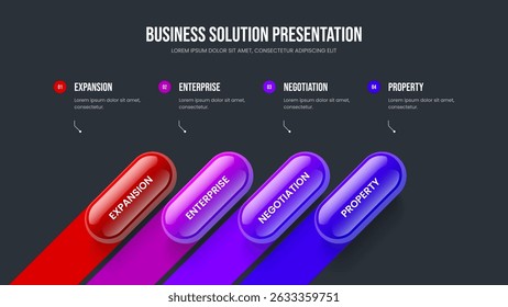 Creative Innovation Four Step Infographic Slideshow Template. Enterprise Report 4 Element Diagram Presentation Design. Corporate Launch Slide Layout Vector Illustration.