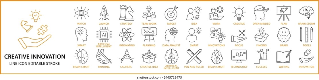 Creative innovation icons. Creative innovation icon set. Line icons related to creative innovation. Vector illustration. Editable stroke.