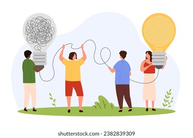 Creative innovation ideas to solve business problem, simplify complex task vector illustration. Cartoon tiny people holding light bulbs with tangled wires and order inside, characters unravel knot