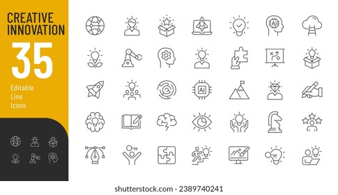 Creative Innovation Line Editable Icons set. Vector illustration in thin line modern style of creativity related icons: ideas, developments, innovations, design, and more. Isolated on white