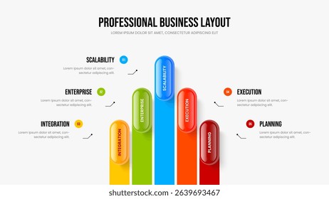 Creative Innovation Slide Layout Vector Illustration. Marketing Showcase Five Element Infographic Presentation Design. Business Growth 5 Option Diagram Slideshow Template.