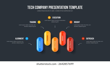 Creative Innovation Slideshow Template Vector Illustration. Business Insight Five Step Diagram Slide Design. Advertising Solution 5 Element Infographic Presentation Layout.