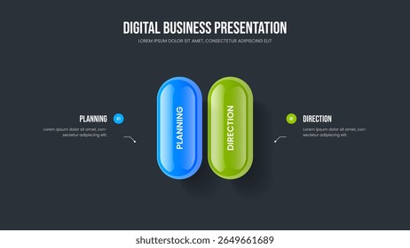 Creative Innovation Two Option Infographic Frame Template. Enterprise Briefing 2 Step Diagram Slide Design. Corporate Development Presentation Layout Vector Illustration.