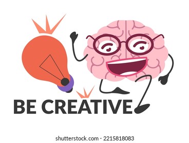 Creative and innovative ideas, isolated brain character with light bulbs. Looking for brilliant thoughts and solutions of problems. Work related issues and solving issues. Vector in flat style