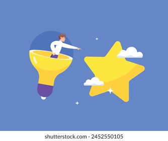 creative and innovative. look for ideas and innovate so that the business can be successful. achievements and goals. businessman or worker driving a light. trying to reach a target or star