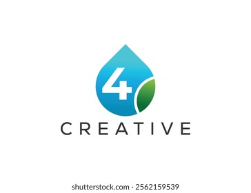 Creative and innovative number four and drop leaf logo design. Eco drop logo.