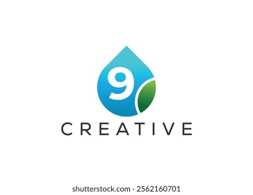 Creative and innovative number nine and drop leaf logo design. Eco drop logo