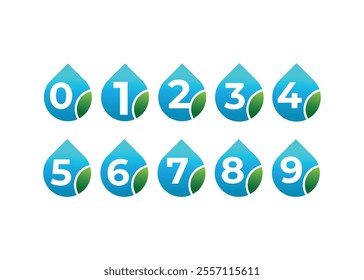 Creative and innovative number zero to nine and drop leaf logo design. Eco drop logo