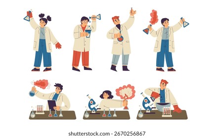 Cientistas criativos e inovadores realizando ativamente experimentos no ambiente de laboratório