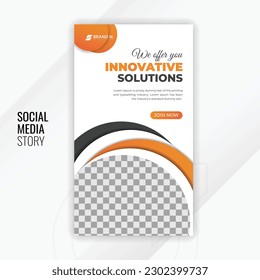 Creative and innovative solution social media story design template with abstract orange gradient color shapes and white background