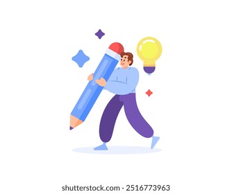 creative and innovative worker concept. content creator, writer, journalist, blogger. creating solutions. illustration of an employee writing using a pencil with a lamp. flat style design. elements