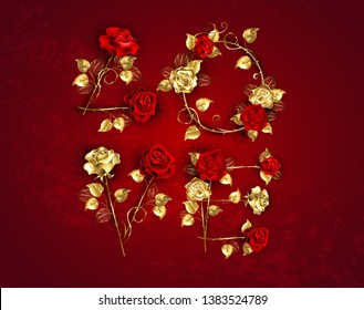 Creative inscription love from jewelry gold and red roses with straight stems on textured background.