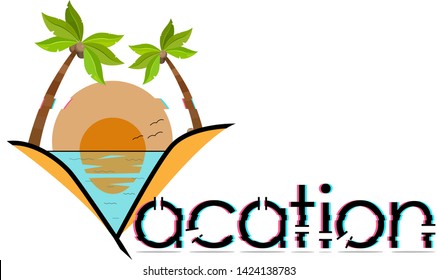 Creative inscription - vacation in the glitch effect. Sea and palm trees on the letter V. The letter V in the form of a butterfly. Vector.