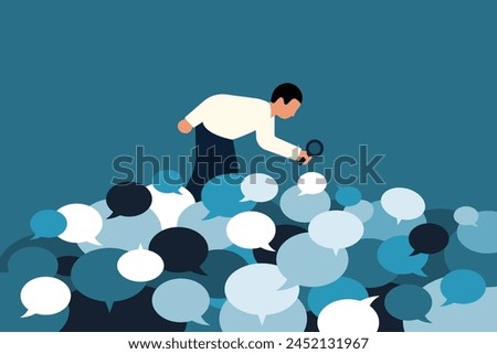 Creative Insight, Creativity and Innovation. Searching for Ideas. Businessman or Young Man with Magnifying Glass Looking for Ideas or Comments. Vector  Illustration