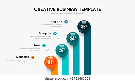 Creative Insight Slide Layout Vector Illustration. Colorful Development 4 Element Chart Slideshow Design. Clean Showcase Four Option Infographic Frame Template.