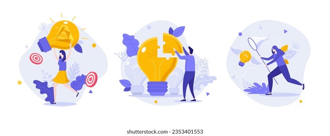 Creative insights flat concept vector illustrations set. People with lightbulbs as innovation symbols. Business development cartoon composition. Idea and inspiration for website, mobile, presentation