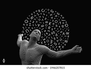 Creative inspiration. Dreaming man with letters over his head. Voxel art. 3D vector illustration.