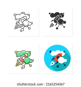 Creative inspiration icons set. Rocket launching in information sky. Concept of artistic insight and productive idea.Collection of icons in linear,filled,color styles.Isolated vector illustrations