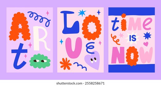 Creative inspirational phrases vector posters design set. Bright playful groovy abstract card templates