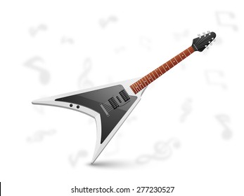 Creative instrument guitar isolated on musical notes decorated white background.