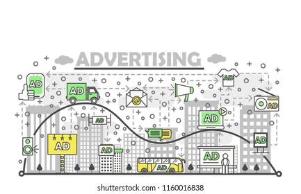 Creative integrated advertising made of linear vector icons. Product promotion collage in dynamic urban life with mobile advertisement, audio reclame, contextual and radio marketing concept AD signs