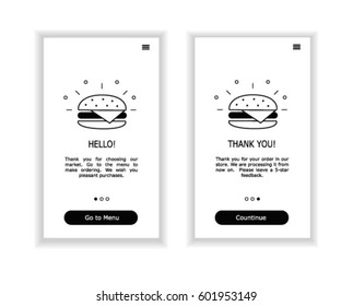 Creative interface UI, UX, GUI screen template and flat icon for smart phone or web site banners. Vector line art illustration, burger store, online store, restaurant 