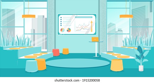 Creative Interior University Study Room, Cartoon. Bright Classroom In An Educational Institution With Large Windows. Round Seating Stalls Rise Up. Center Place For Teacher And Laptop.