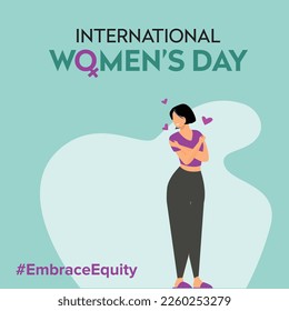 Creative International Women's Day 2023, campaign theme: #EmbraceEquity. Women's Day vector illustration. Give equity a huge embrace.Banner, Poster, Flyer, Post Design Vector.