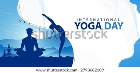 Creative International Yoga Day vector banner featuring people performing yoga poses with wellness, mindfulness, fitness, and healthy lifestyle concepts on a blue background.