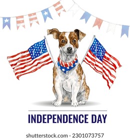 Kreative Einladungskarte mit amerikanischer Flagge, Garland und Hund für den 4. Juli dekoriert. Feiern zum amerikanischen Unabhängigkeitstag Jack Russel Terrier mit US-Flagge. Aquarellbild