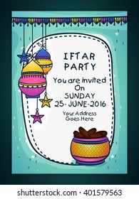 Creative Invitation Card design with colourful hanging lamps, stars and sweet dates for Ramadan Kareem Iftar Party celebration.