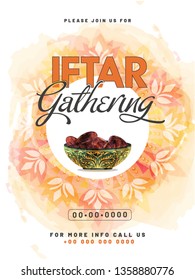 Creative Invitation Card design with illustration of beautiful flower on watercolor background for Iftar Gathering Party.