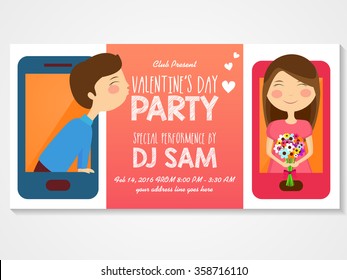 Creative invitation card design with illustration of cute couple on smartphone for Valentine's Day Party celebration.