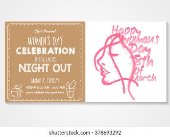 Creative Invitation card design with illustration of a young girl face for Women's Day, Night Party celebration.