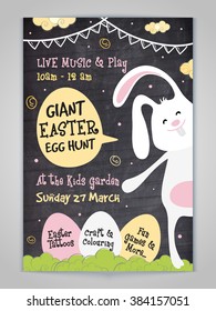 Creative Invitation Card design with illustration of cute bunny and eggs showing party details for Giant Easter Egg Hunt celebration.