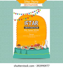 Creative Invitation Card design with illustration of delicious dishes and colourful lights decoration for Iftar Party celebration.