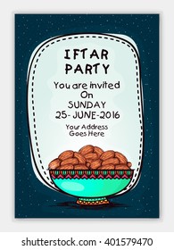 Creative Invitation Card design with illustration of sweet dates for Ramadan Kareem Iftar Party celebration.