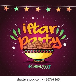 Projeto de Cartão de Convite Criativo com ilustração de datas doces em tigela sobre estrelas fundo decorado para Ramadan Kareem, celebração Iftar Party.