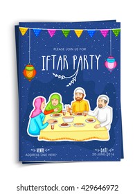 Creative Invitation Card design with illustration of Muslim Family enjoying delicious food together, Can be used as pamphlet, banner or flyer.