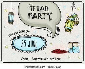 Creative Invitation Card design with Islamic elements for Ramadan Kareem, Iftar Party celebration.