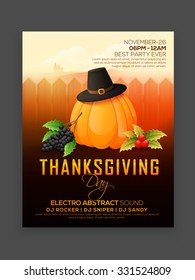 Creative invitation card design with shiny pumpkin for  Happy Thanksgiving Day celebration.