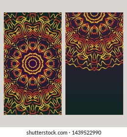Creative invitation card template with floral round mandala. Vector illustration. 