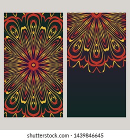 Creative invitation card template with floral round mandala. Vector illustration. 