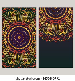 Creative invitation card template with floral round mandala. Vector illustration. 