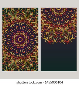 Creative invitation card template with floral round mandala. Vector illustration. 