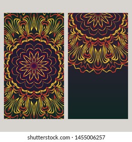 Creative invitation card template with floral round mandala. Vector illustration. 